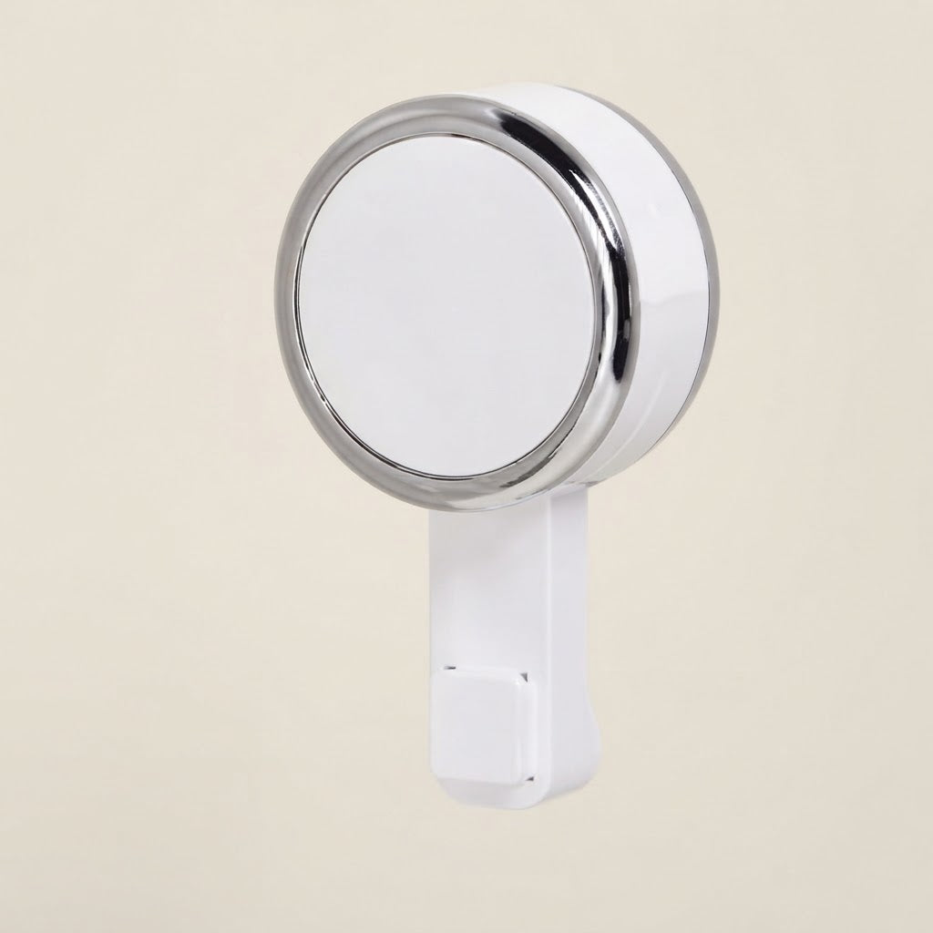 Grey suction cup shower caddy mount with round holder and protective base, close-up.