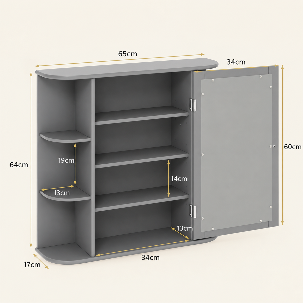 Gray mirrored cabinet with shelves, size 65cm W x 34cm D x 60cm H