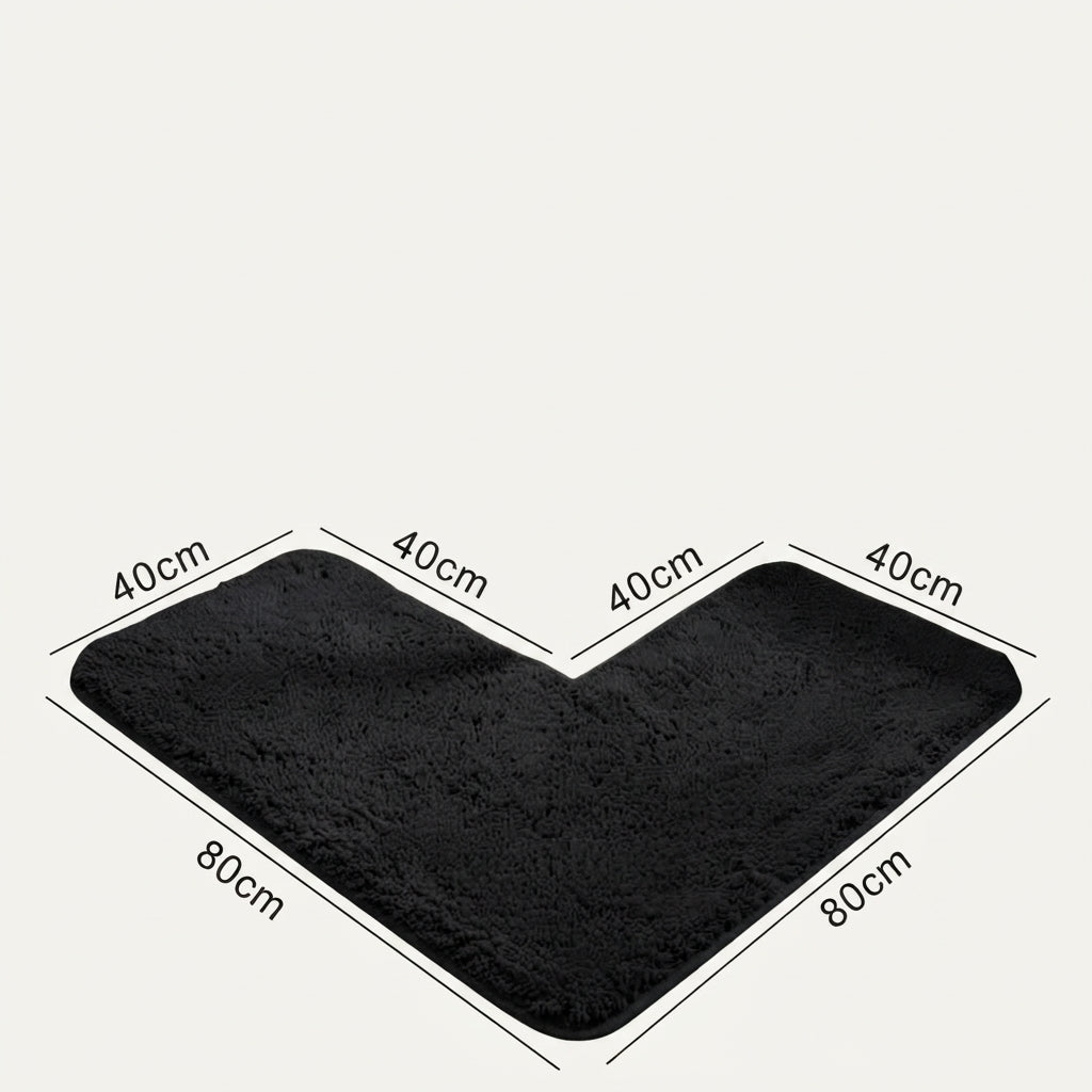 L-shaped shaggy non-slip corner bath mat, black