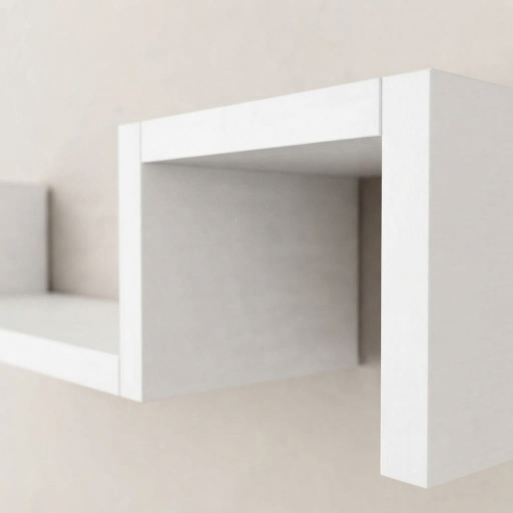 White wooden geometric wall shelf close-up showing open interior