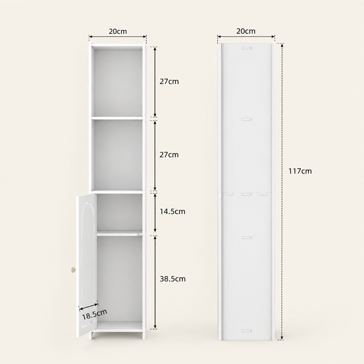 White bathroom cabinet dimensions diagram, 117cm height and 20cm width