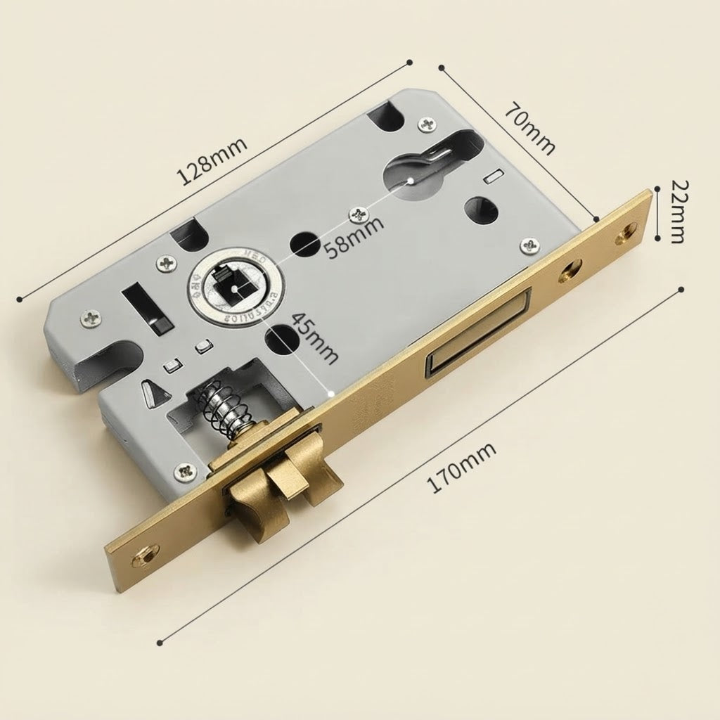 Silent split door lock handle with walnut-style wood trim, brushed metal face, latch.