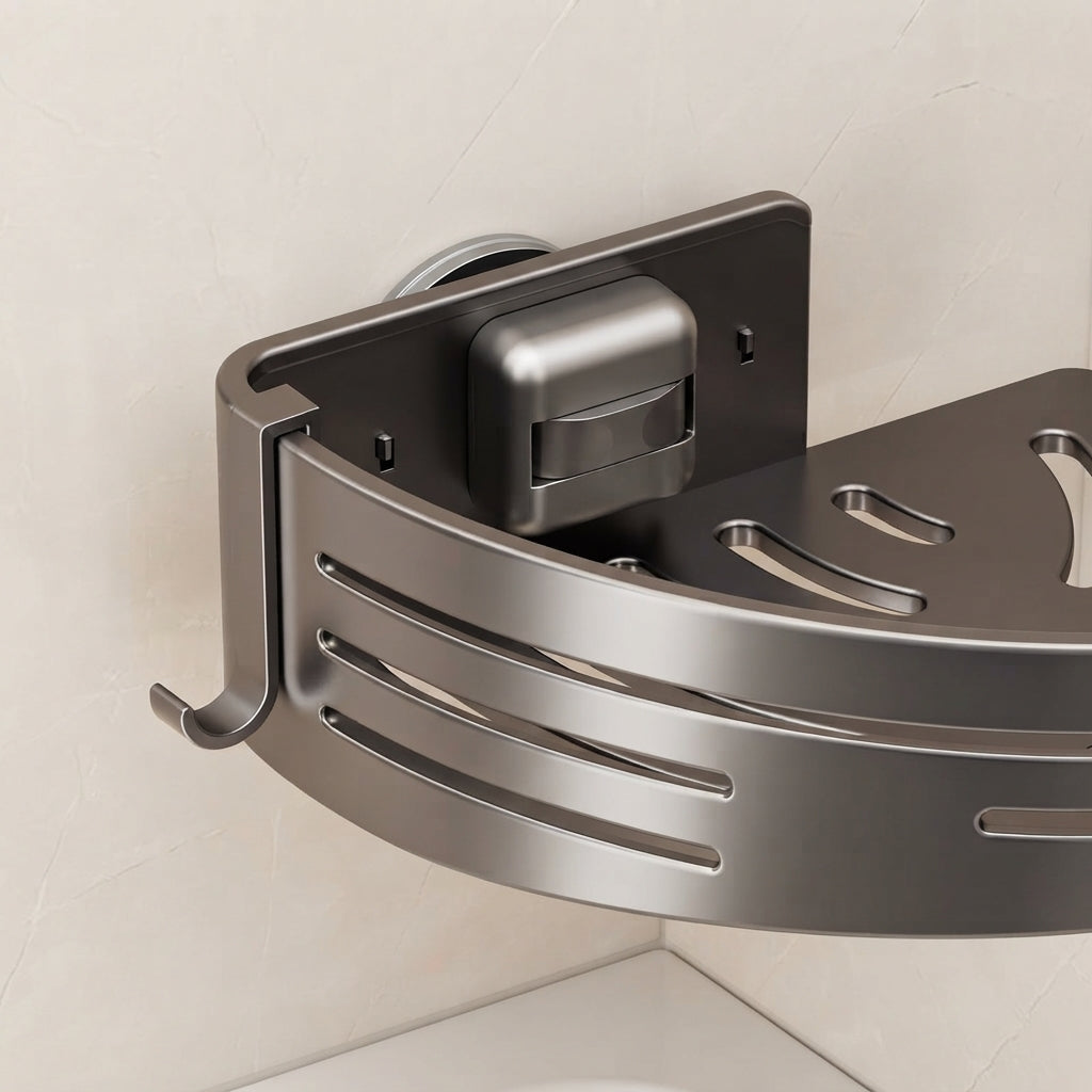 Aluminum corner shower caddy shelf with curved rails and side handles