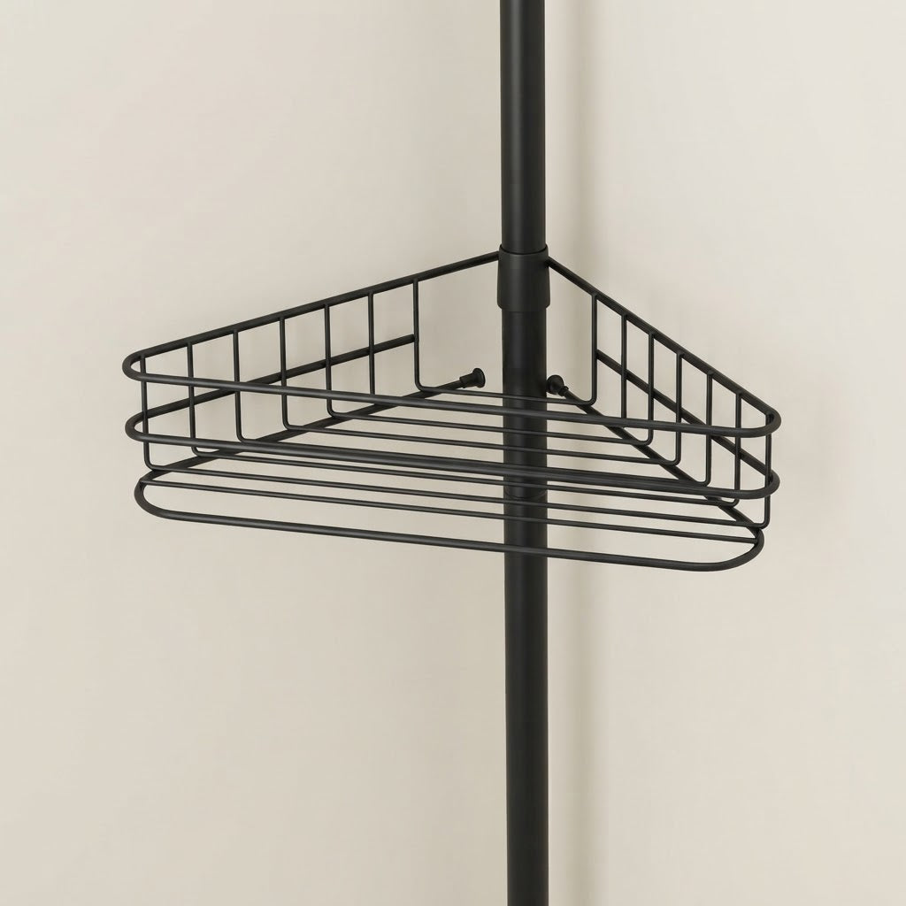 Telescopic corner shower caddy single wire basket shelf on black pole