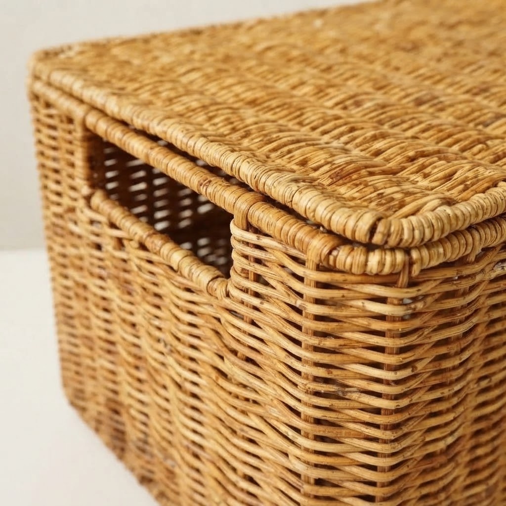 Woven rattan storage chest with lid, side and corner weaving detail
