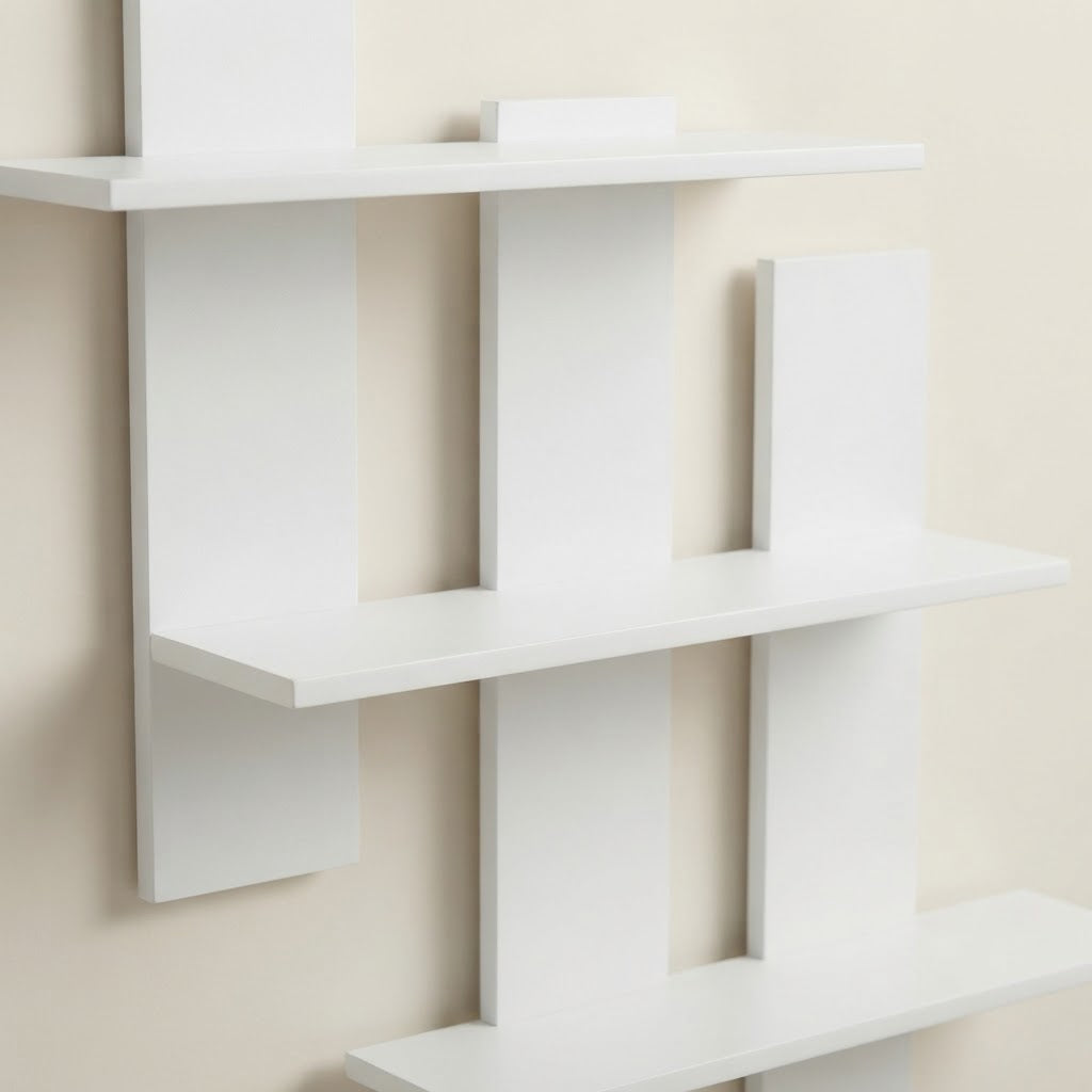White asymmetrical three-tier floating wall shelf with staggered open shelves