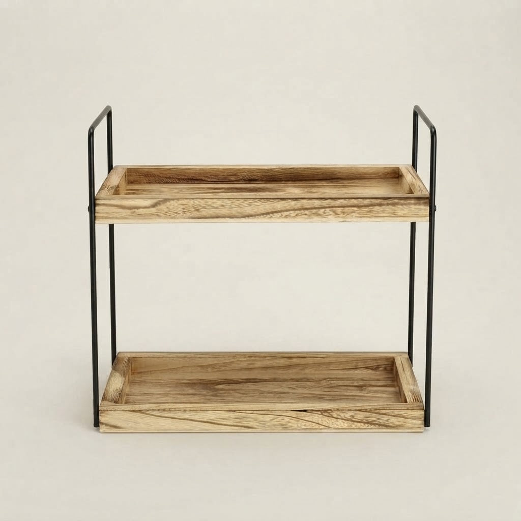 Empty 2-tier wooden shelf rack with black metal frame for countertops