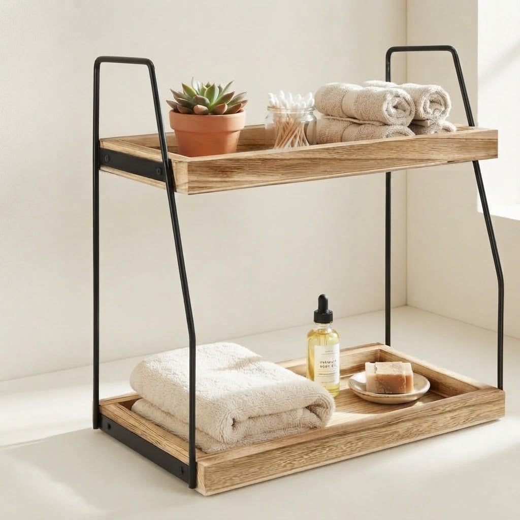 Two-tier kitchen worktop rack with light wood shelves and black metal frame