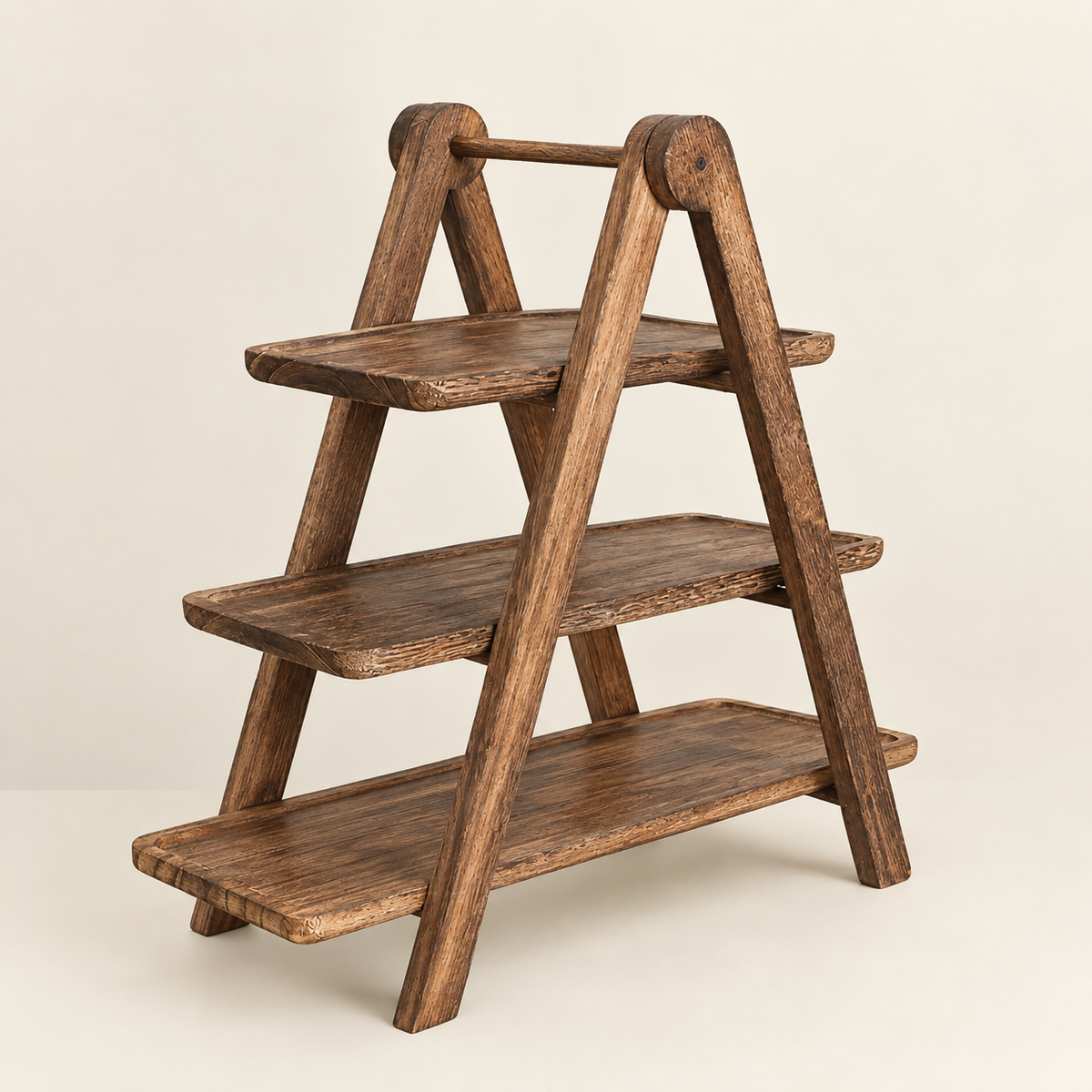 Dark-brown wooden 3-tier countertop rack with three staggered shelves
