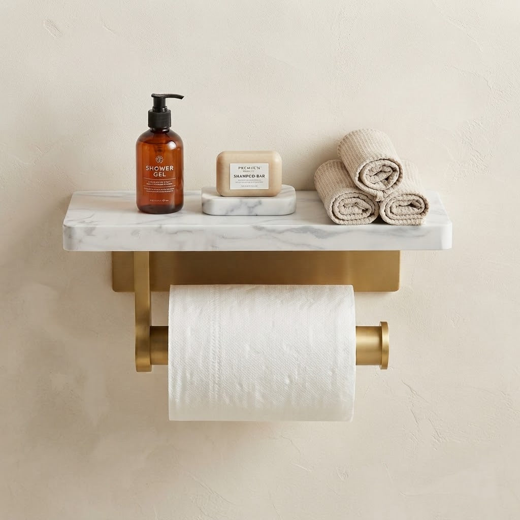 Marble-look toilet roll holder with cylindrical brushed gold arms and toilet paper