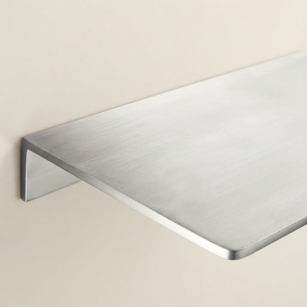 Brushed stainless steel floating shelf with angled side bracket and smooth rectangular ledge.