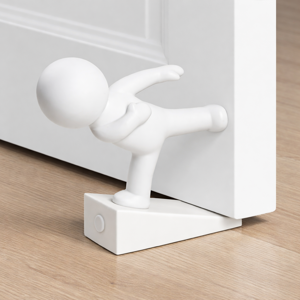 White playful character door stop pushing against a door, on a rectangular base