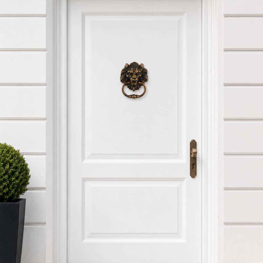 Bronze lion head door knocker mounted on front door panel