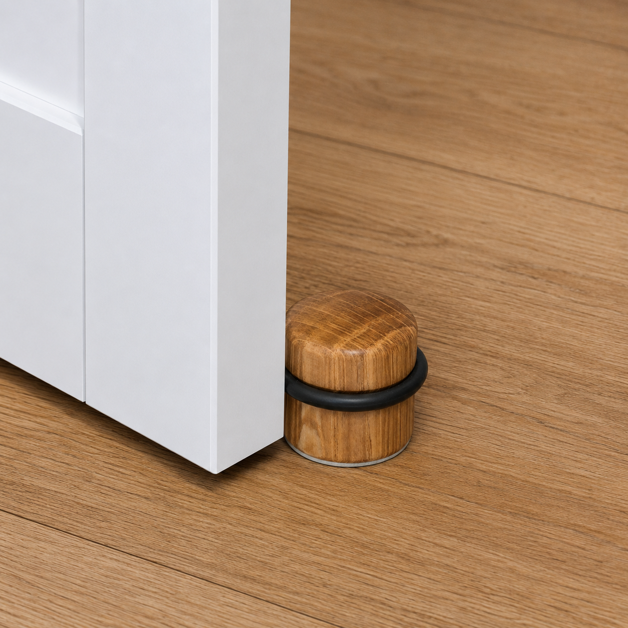 Cylinder wooden self-adhesive door stop installed near a door base