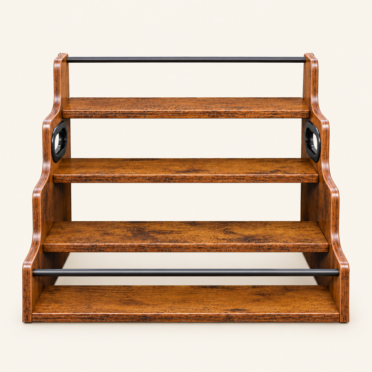 Empty rustic wood tiered kitchen organiser with three shelves and black round handle cutouts