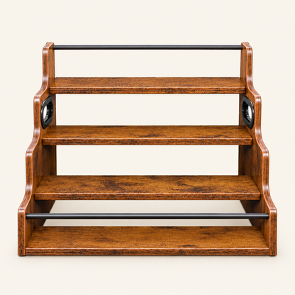 Empty rustic wood tiered kitchen organiser with three shelves and black round handle cutouts