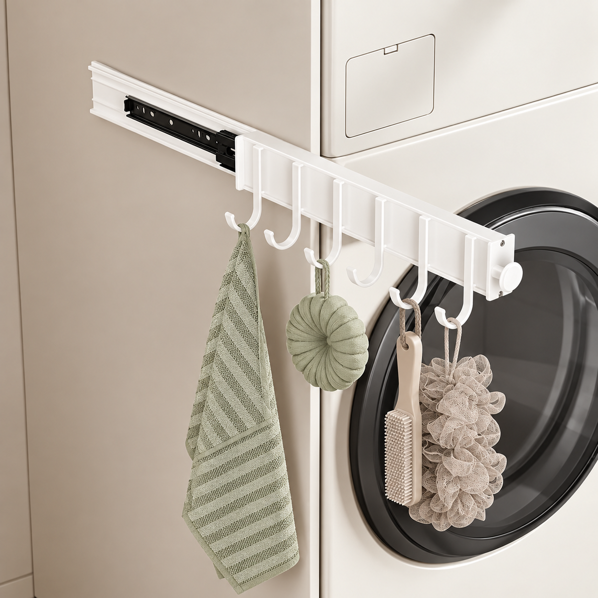White sliding hook rail with curved hooks holding a towel and bath accessories by washer