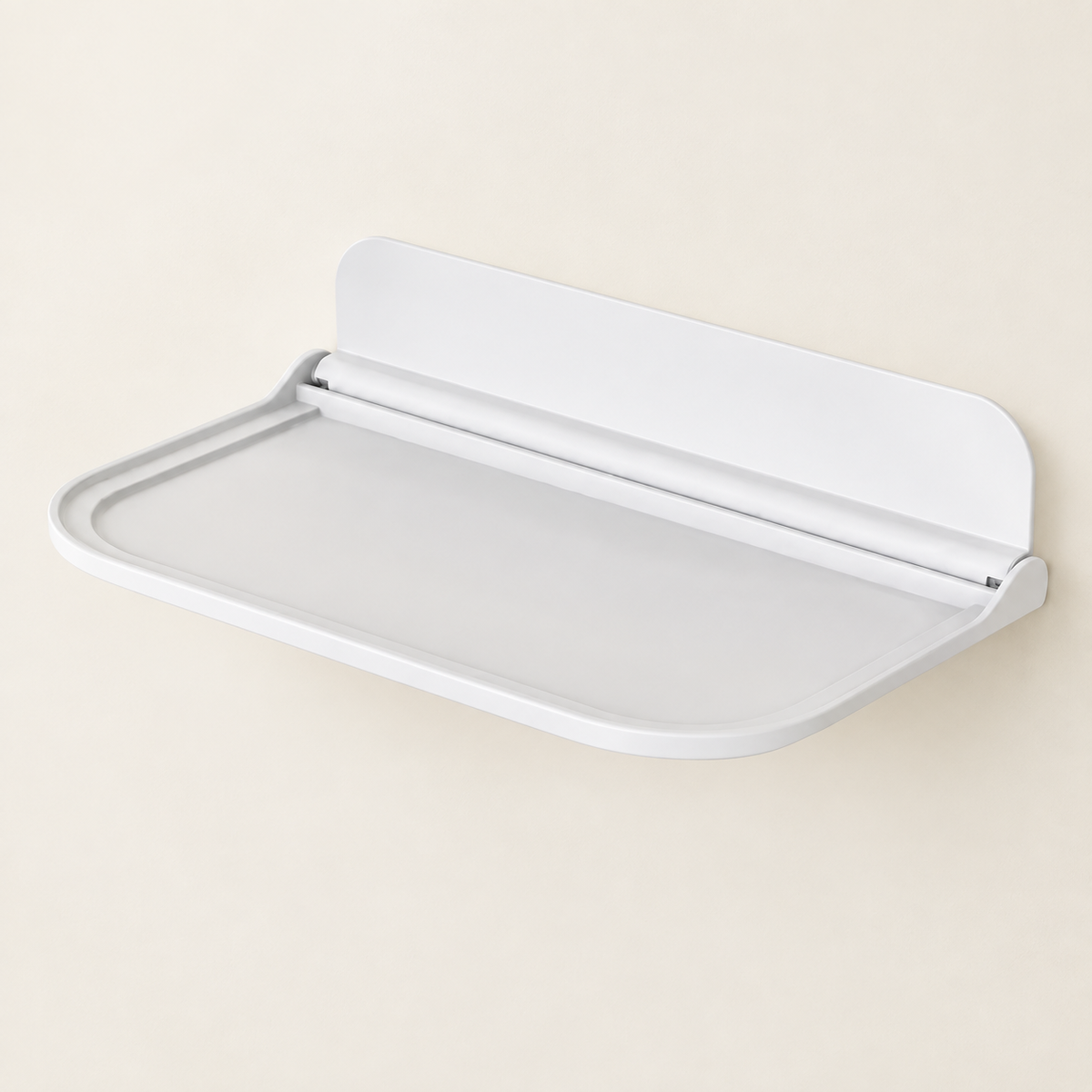White foldable wall-mounted floating shelf with raised edges and two support bars