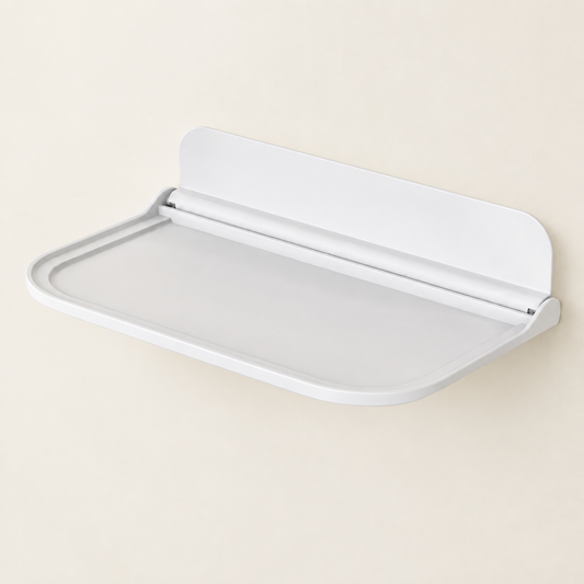 White foldable wall-mounted floating shelf with raised edges and two support bars
