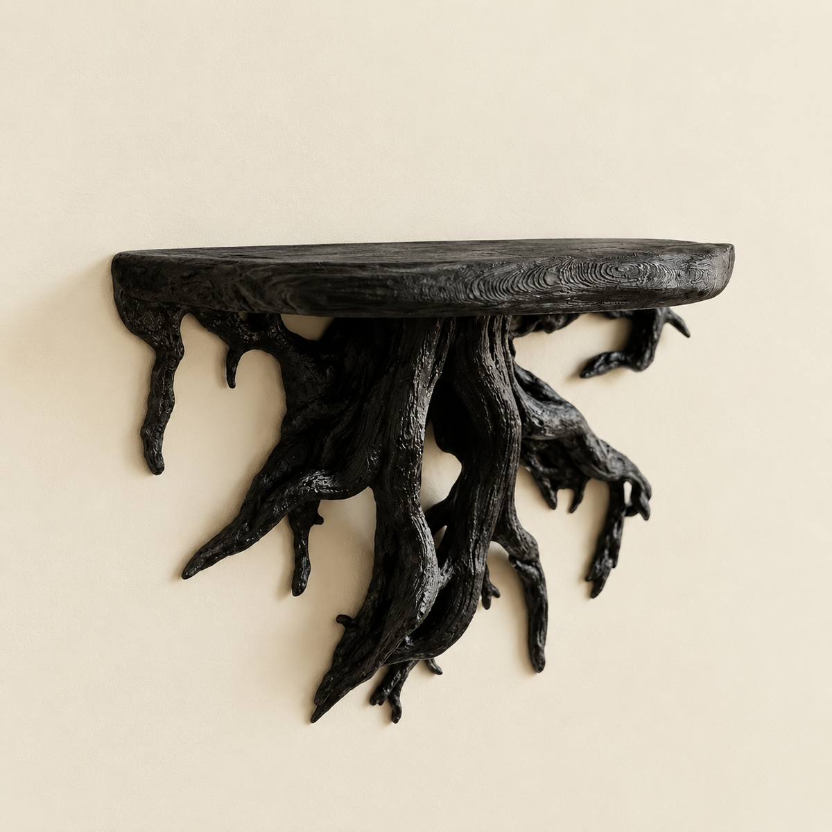 Black rustic root floating wall shelf with flowing branch-style underside