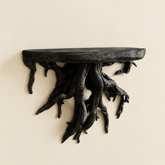 Black rustic root floating wall shelf with flowing branch-style underside