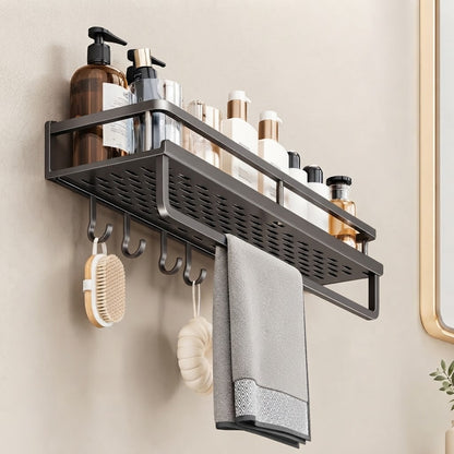 Aluminium perforated shower caddy shelf with towel bar, hooks, and two loofah brushes