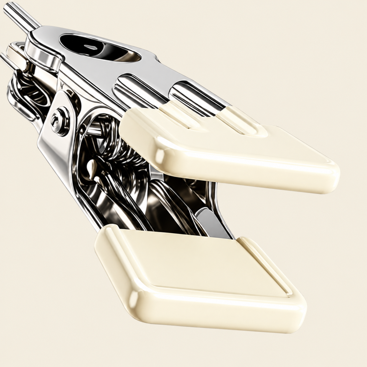 Chrome multi-peg hanger mechanism with beige clip bars