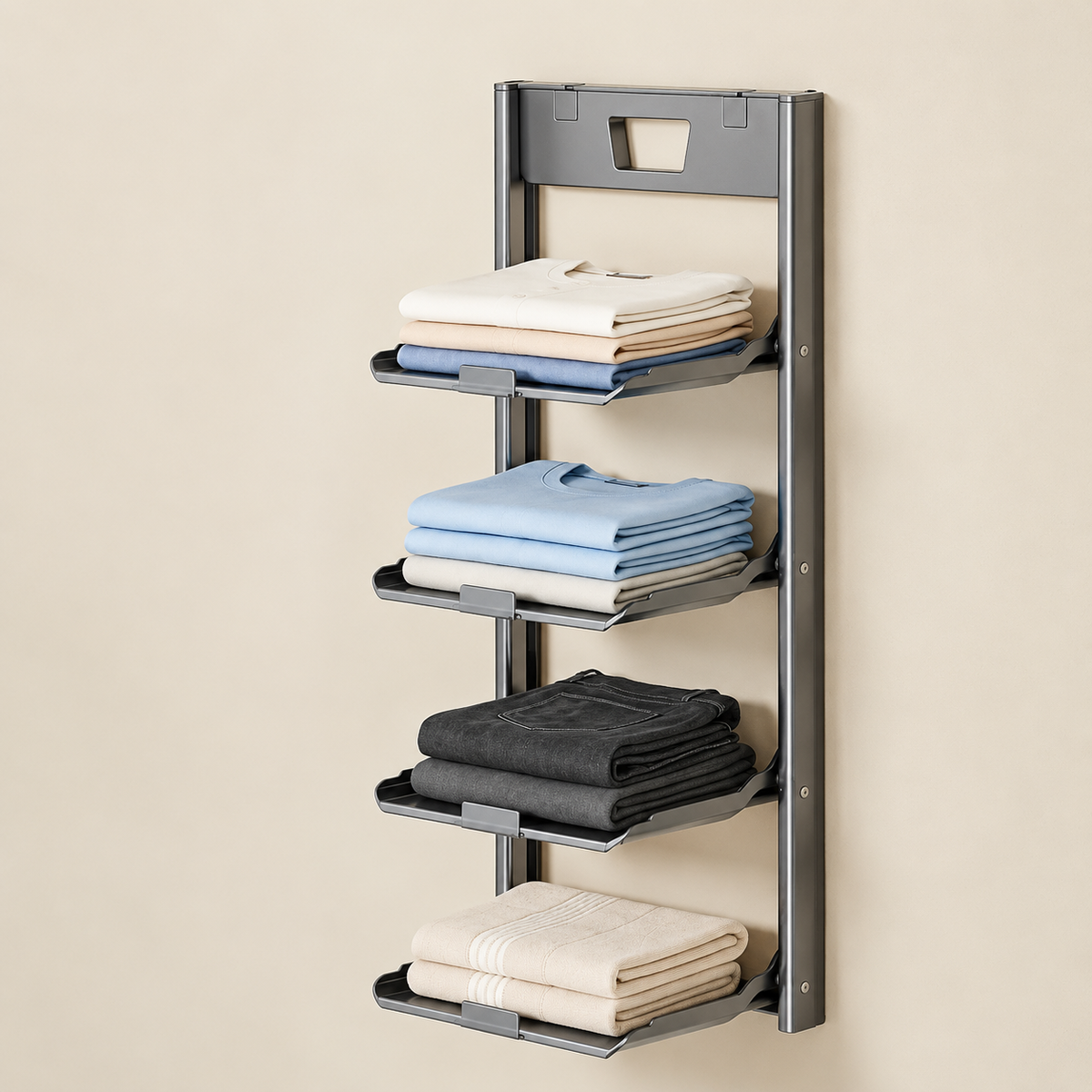 Foldable wall storage rack, 4-tier metal shelves for folded blankets