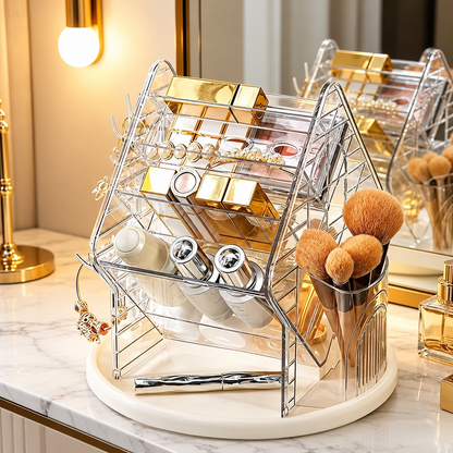 Transparent hexagon rotating organizer stand with stacked trays and hanging items