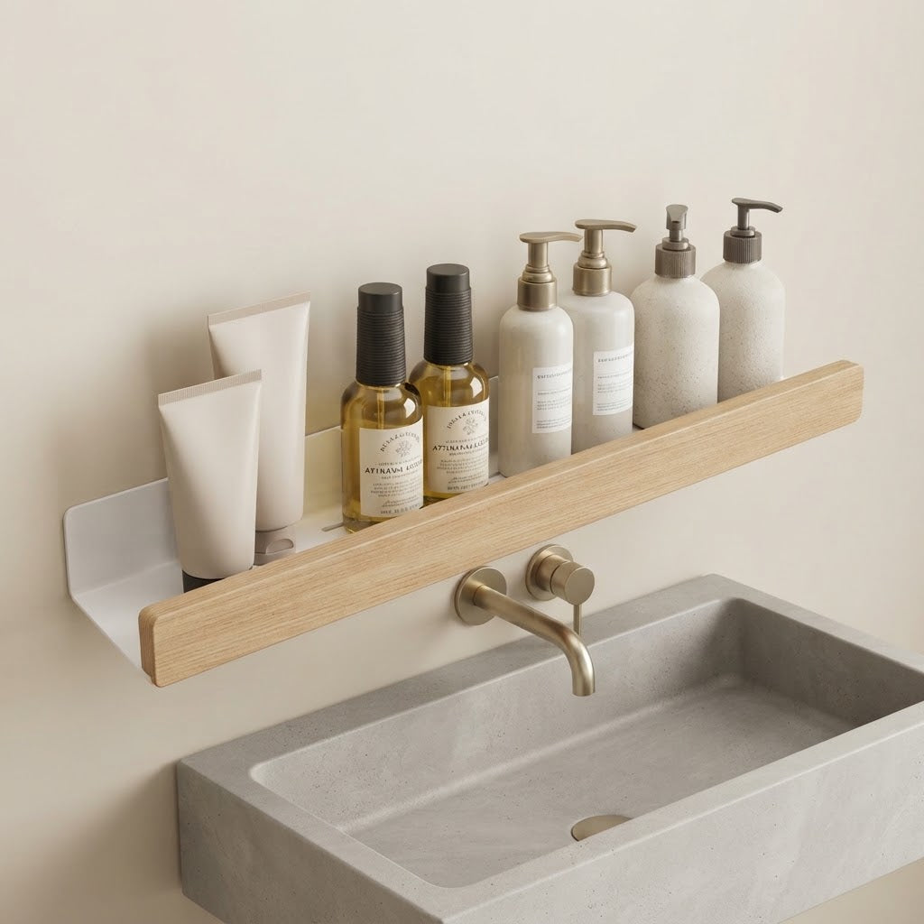 Wall-mounted beech wood slatted shelf with white back panel, holds toiletries and bottles