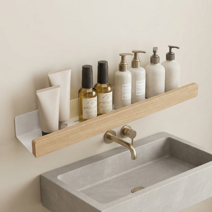 Wall-mounted beech wood slatted shelf with white back panel, holds toiletries and bottles