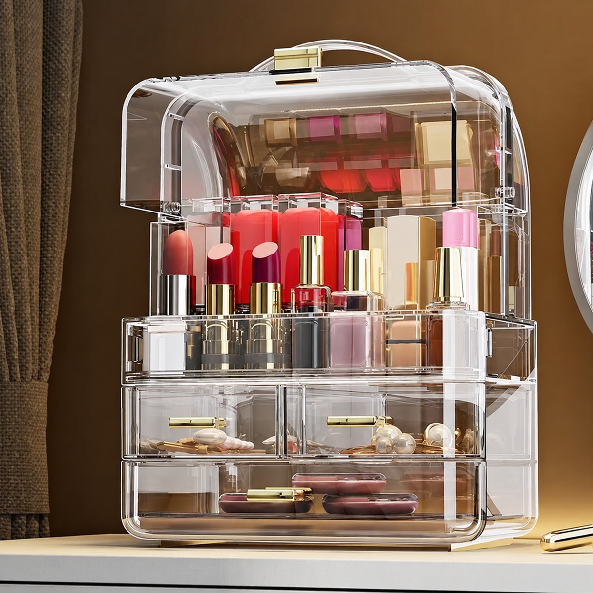 Multi-tier lidded makeup organizer with clear drawers and top handle, lipsticks and tools inside