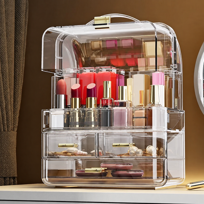 Multi-tier lidded makeup organizer with clear drawers and top handle, lipsticks and tools inside