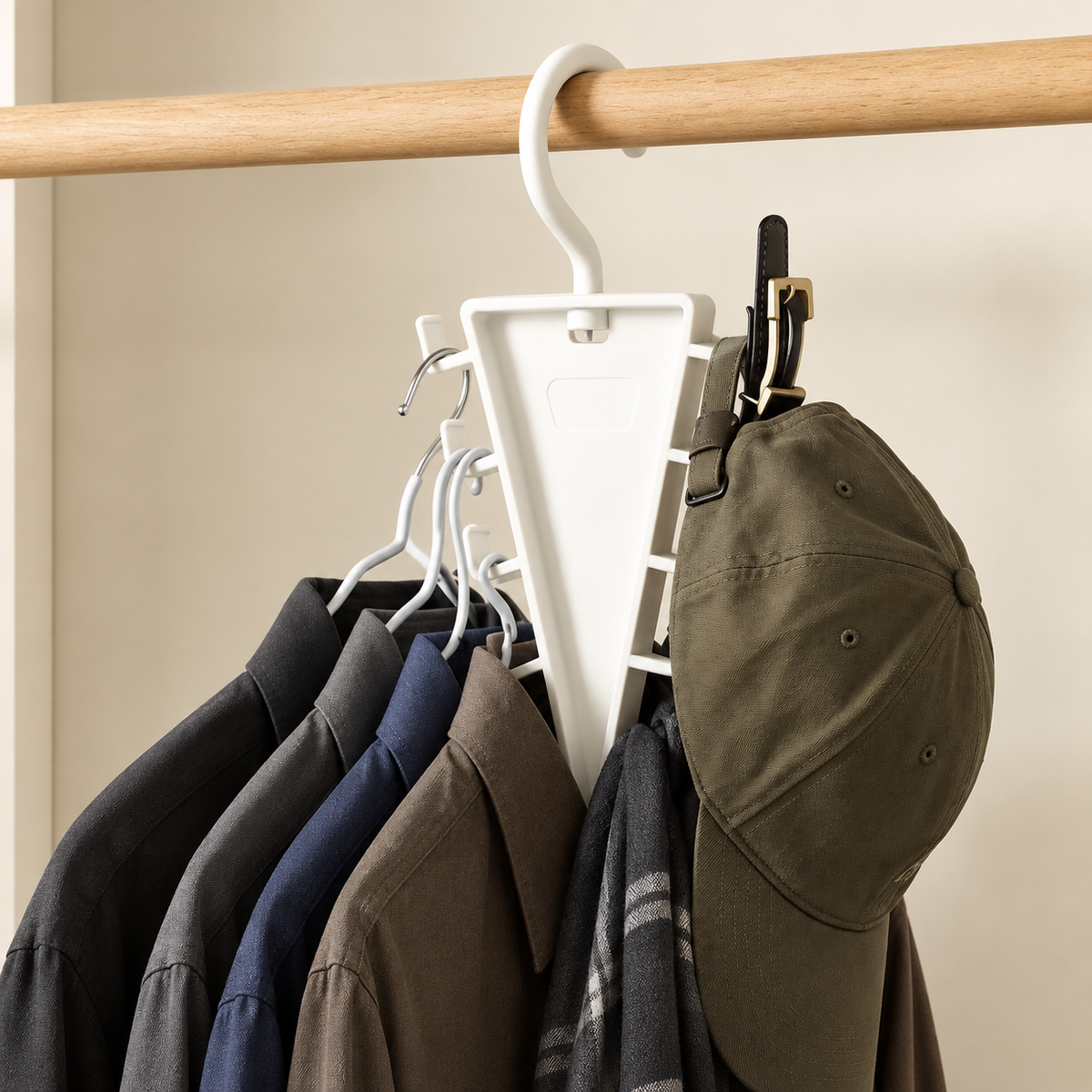 Morix beige rotatable hanger with hat and coats, 12 rotating side hooks