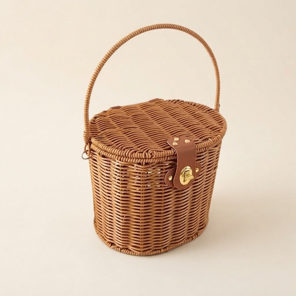 Woven faux rattan storage picnic basket with arched handle and leather-look front strap