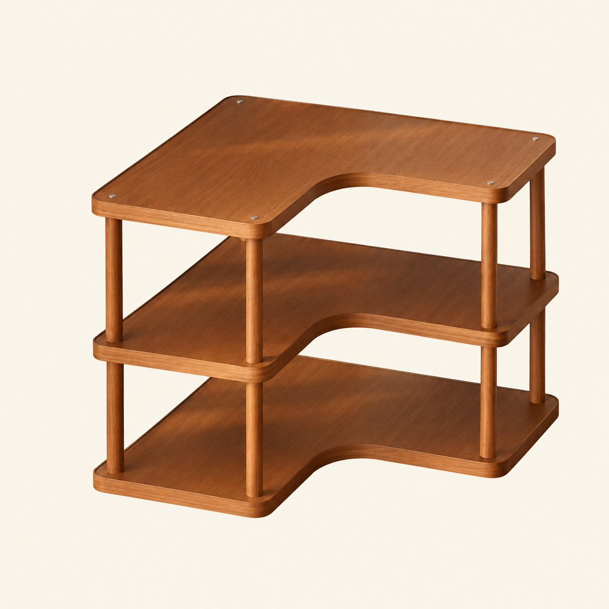 Bamboo corner worktop rack with two tier shelves and rounded leg supports