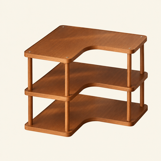 Bamboo corner worktop rack with two tier shelves and rounded leg supports