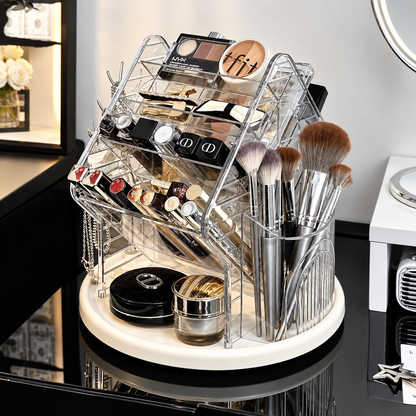 Transparent rotating hexagon organizer stand with makeup, jars, and brushes