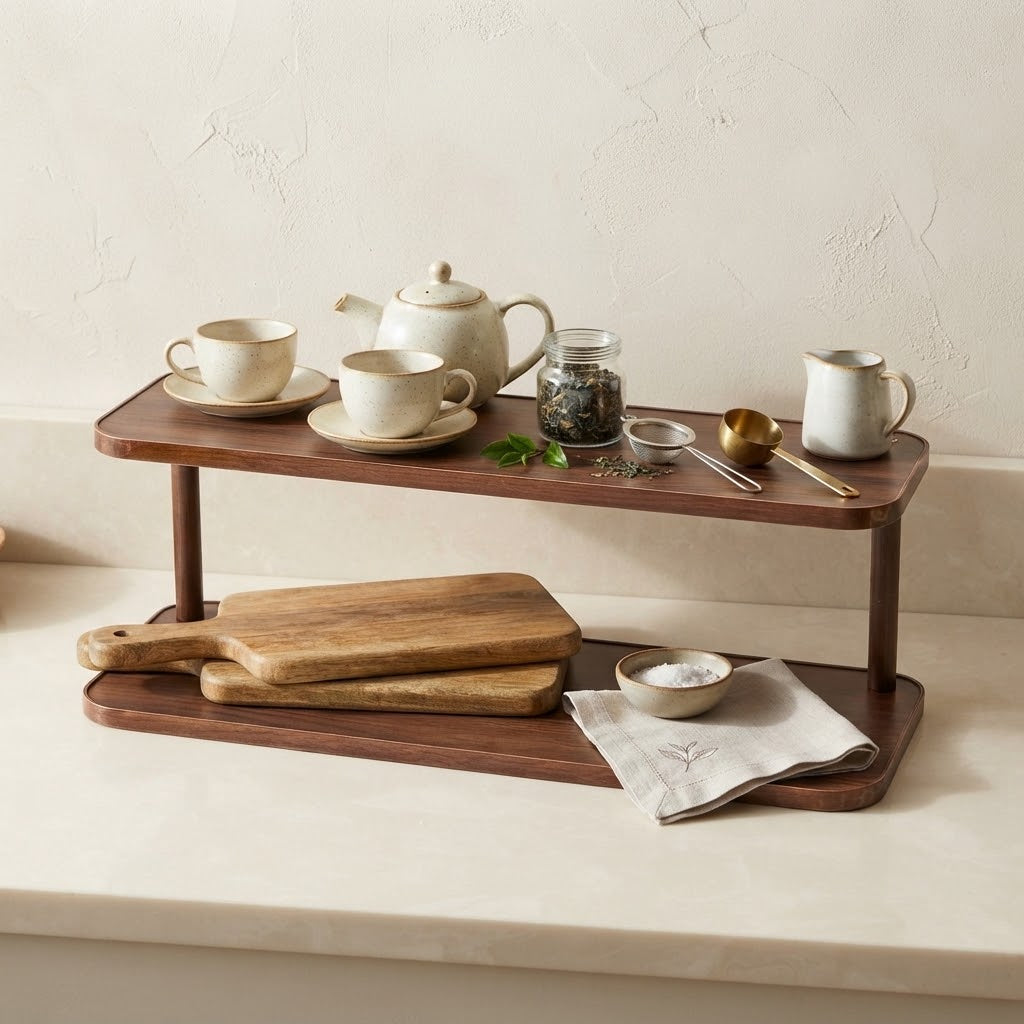 Two-tier bamboo kitchen rack with warm brown shelves and kitchenware on top