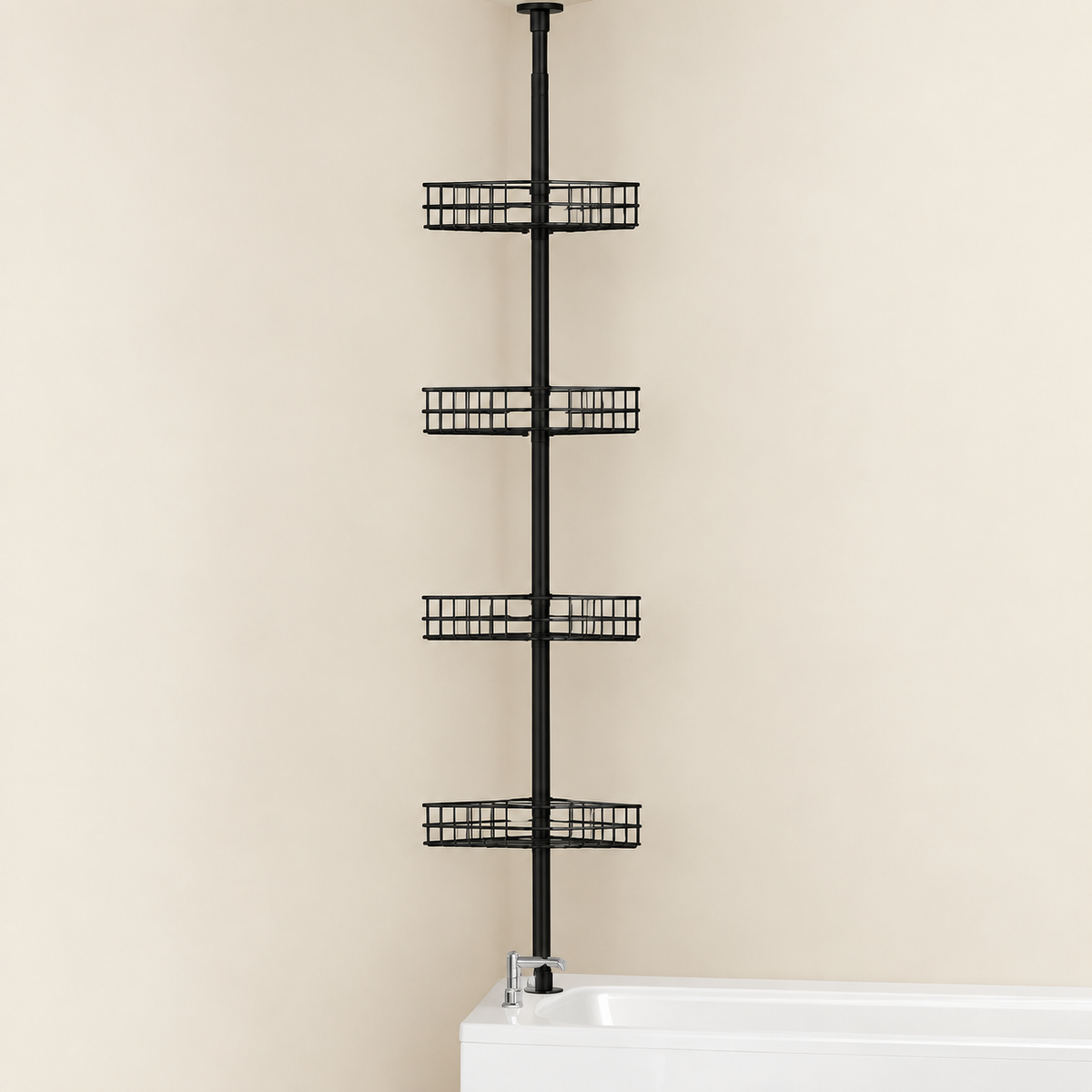 Aluminium telescopic corner shower caddy with four wire basket shelves