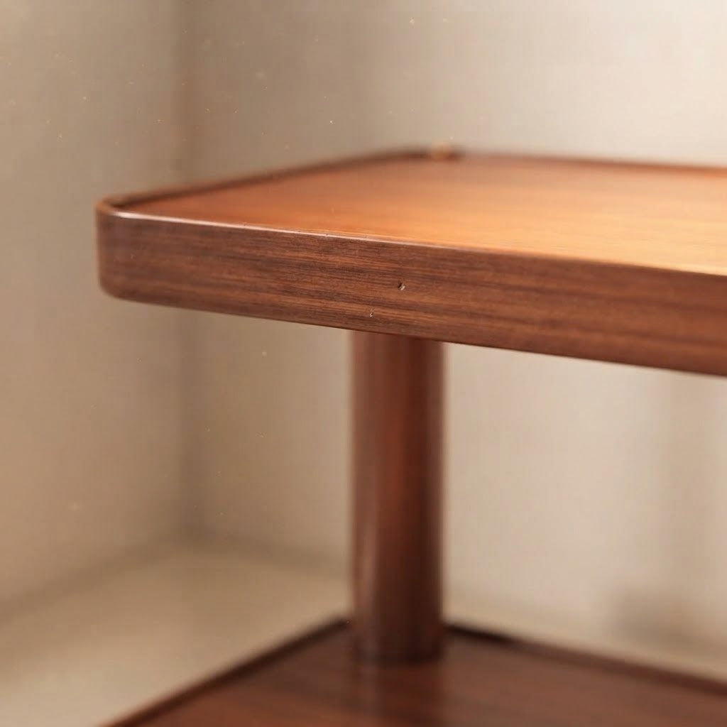 Light brown bamboo shelf top with rounded lip and vertical support leg.