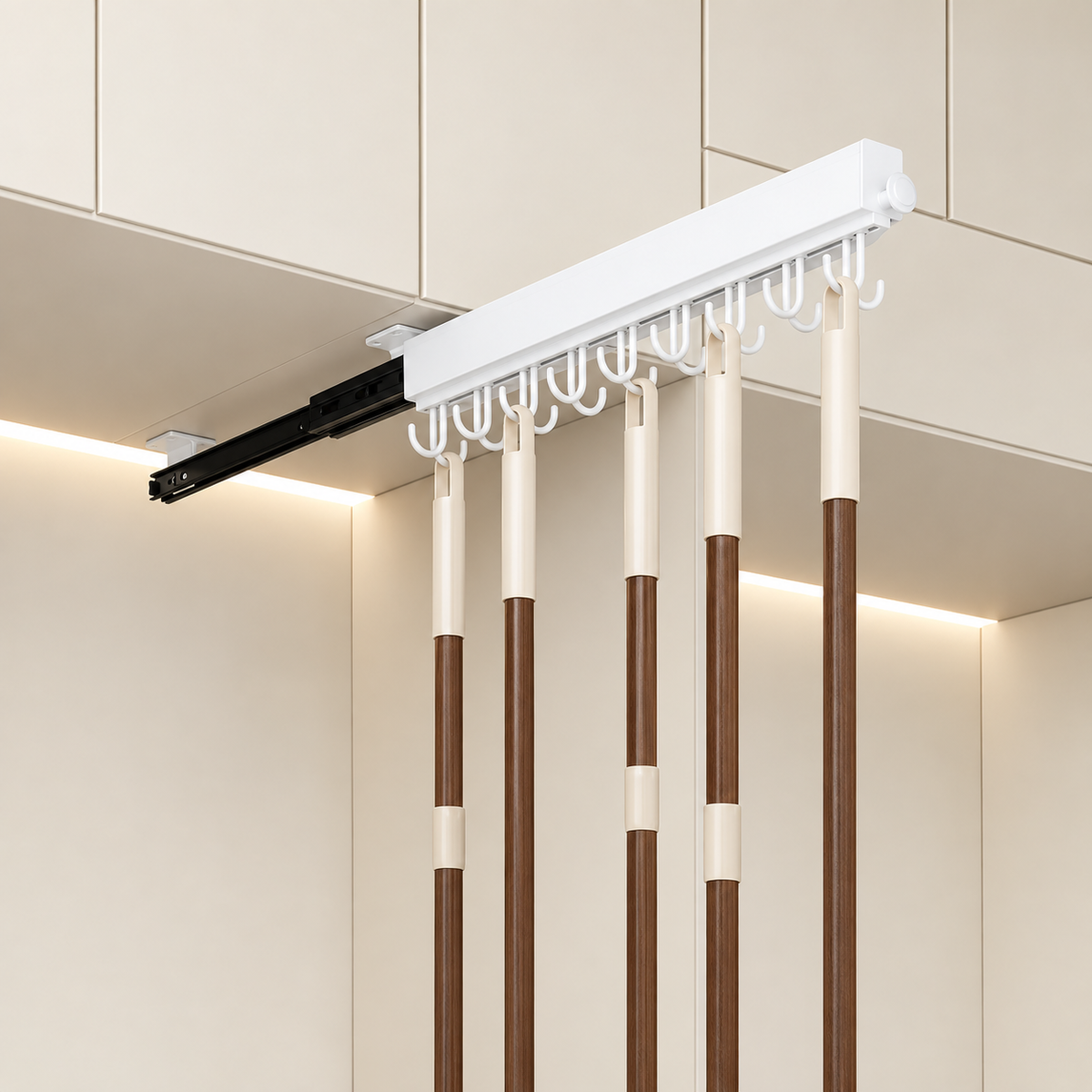 White pull-out hook rail with curved hooks and long rods, five hangers visible