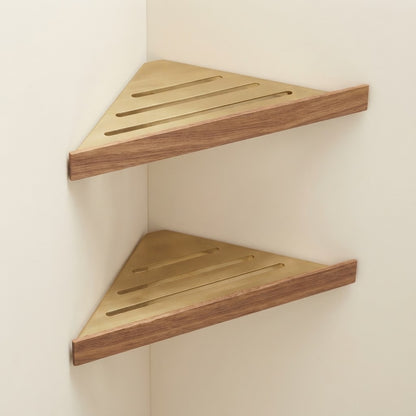 Walnut wood floating corner shelf with gold slatted drainage inserts, two tiers