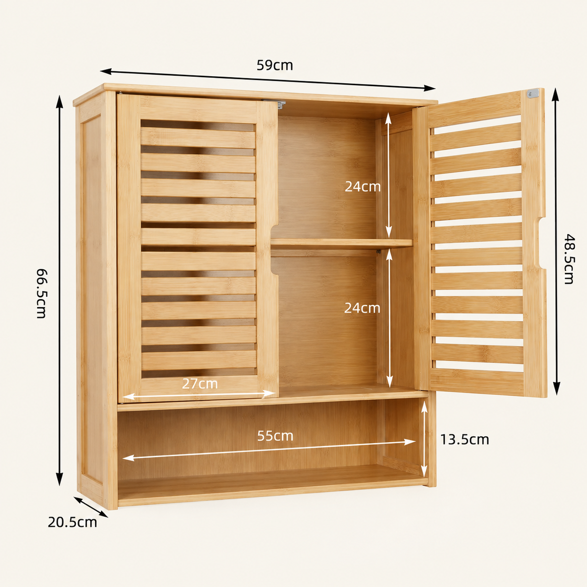 Natural bamboo bathroom wall cabinet with two slatted doors and interior shelf