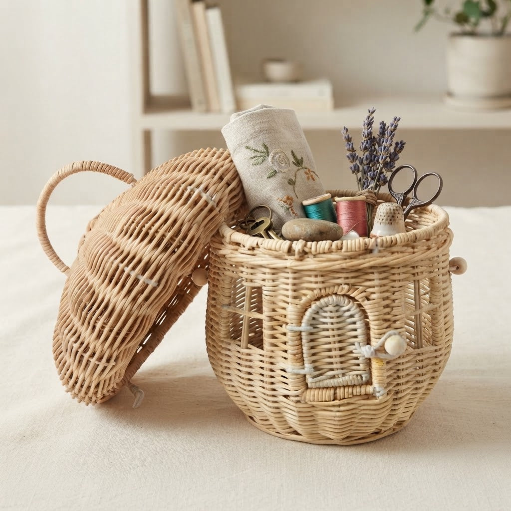 Muris woven rattan mushroom storage basket with khaki open lid and small sewing supplies