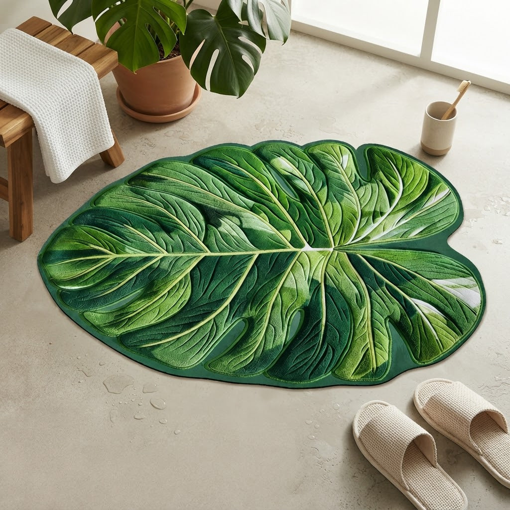 Monstera leaf non-slip bath mat, green with raised leaf veins