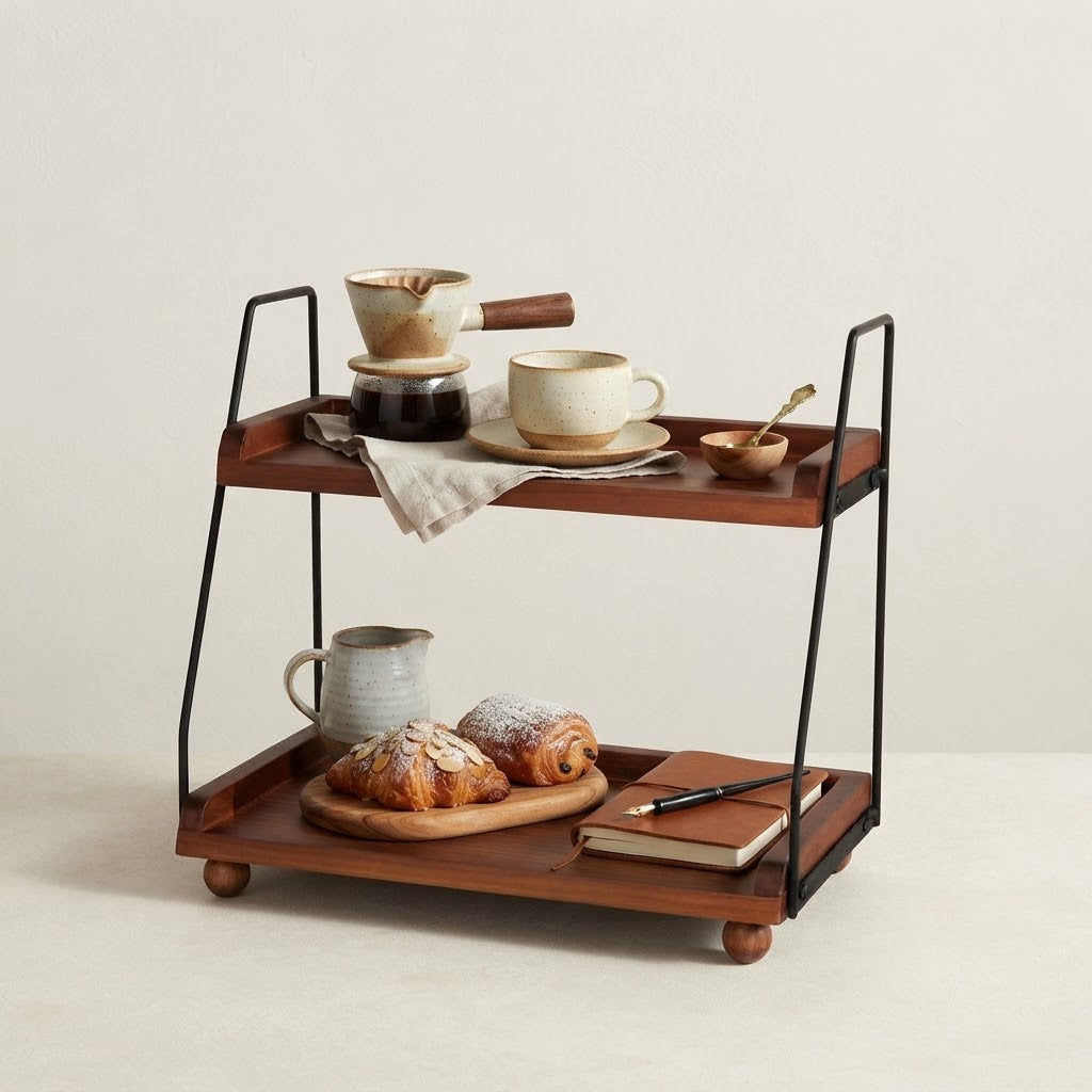 Two-tier kitchen worktop rack with dark wooden shelves and black metal frame