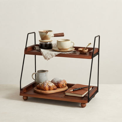 Two-tier kitchen worktop rack with dark wooden shelves and black metal frame