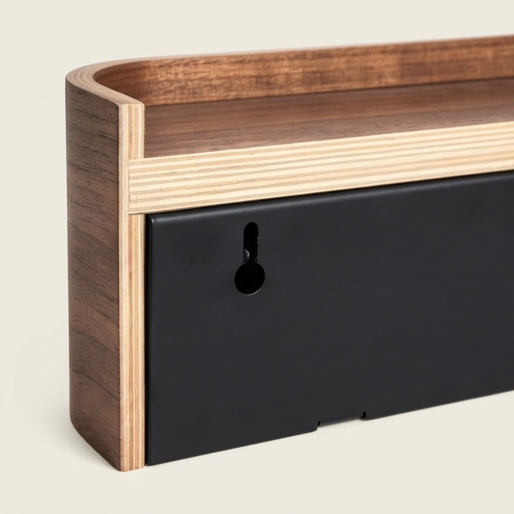 Wall-mounted concealed hook rail close-up: walnut frame with black backing and hook slot