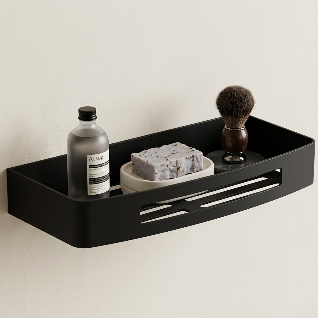 Black stainless steel wall shower caddy, single-tier shelf with drainage slots